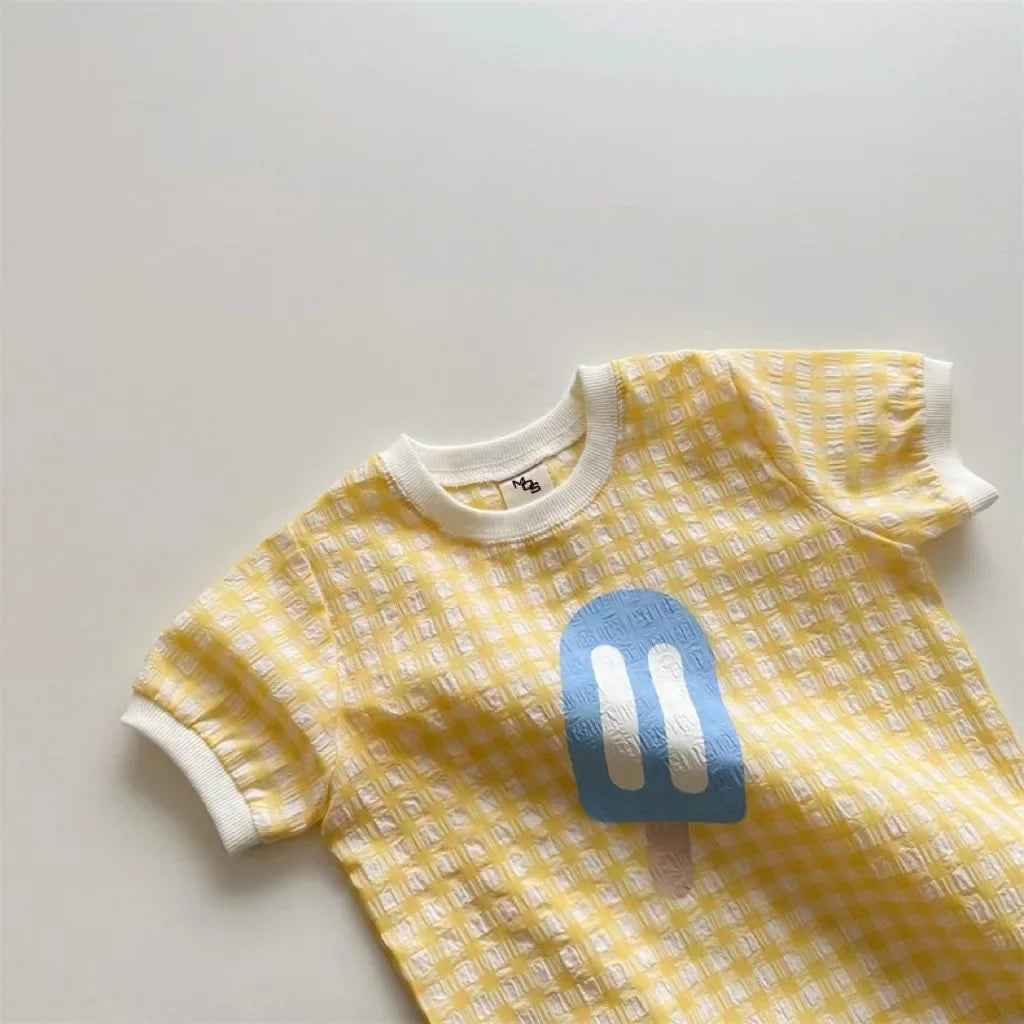 Newborn Baby Girls Boys Short Sleeve Plaid Ice Cream Print Jumpsuits Toddler Cotton Thin Clothing Infant Kids Bodysuits 유아복