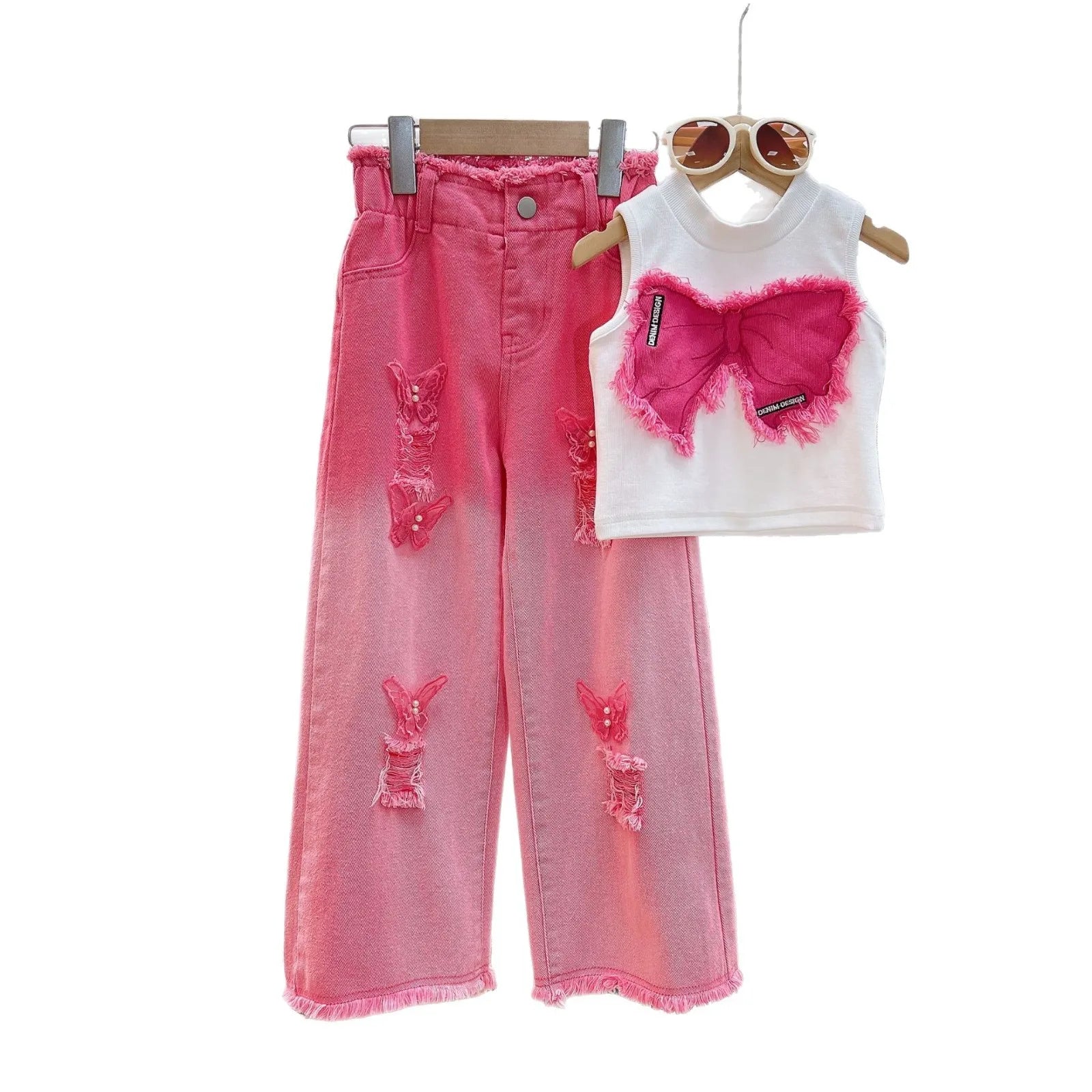 Girls' Summer Clothing Set 2025 Fashion Children's Sleeveless Top+ Ripped Jeans Two-piece Set Baby Clothes