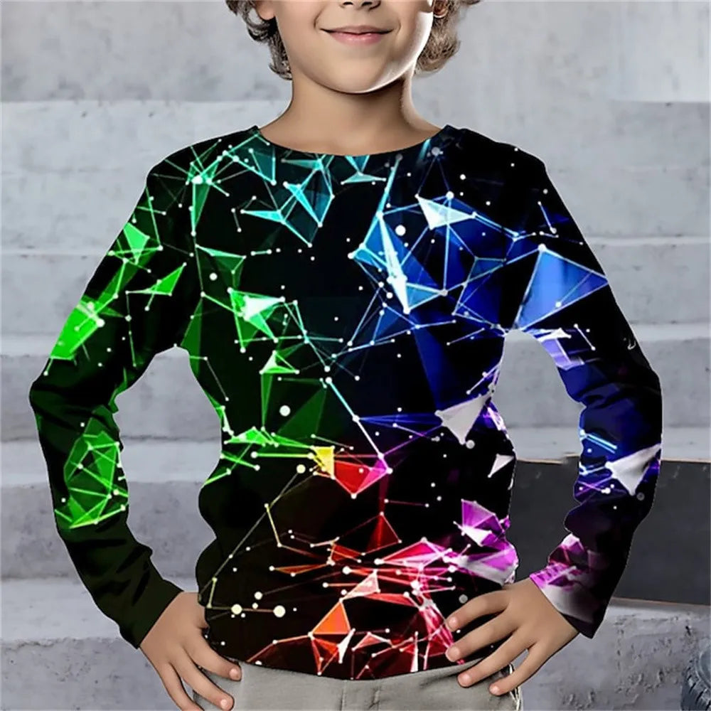 Children's Clothing Tshirt for Kids Boys 9 to 14 Lightning Geometry Long Sleeve T-Shirt Boy One Piece Casual Top High Child Tees