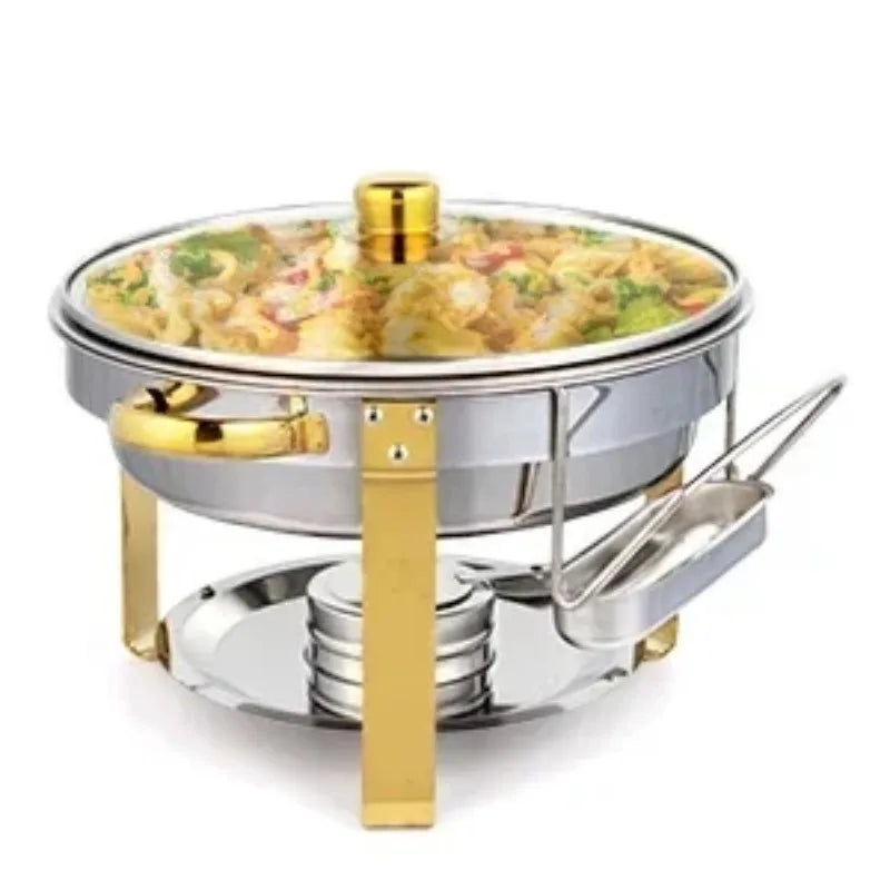 Dish Buffet Set Gold Accent Round NSF Stainless Steel Warmer Glass Lid Holder Catering Event Party