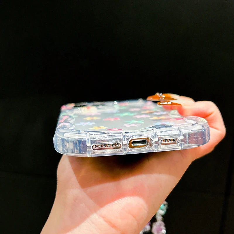 Colorful Flower Pattern Bracelet Lanyard Transparent Phone Case For iPhone 17 16 15 14 13 12 11 Pro Max XS XR 7 8 Plus 16E Cover