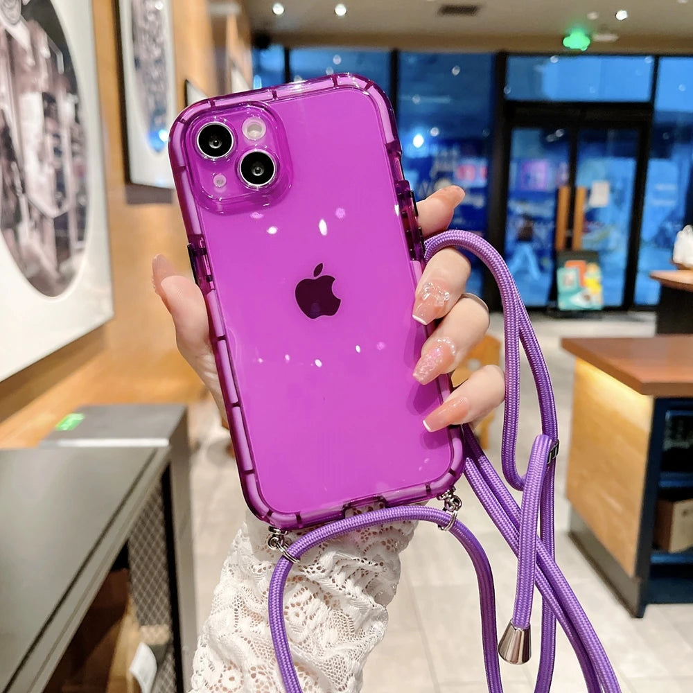 Crossbody Necklace Lanyard Strap Cord Transparent Soft Case for iPhone 14 13 12 11 Pro Max X XR XS 7 8 Plus Armor Luminous Cover