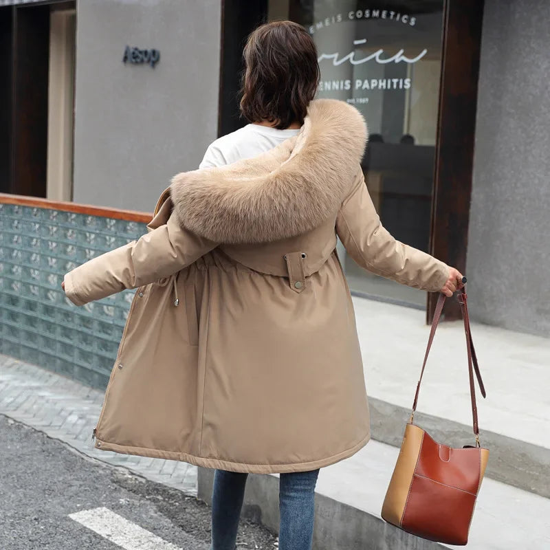 2024 New Women's Winter Parka Jacket, Long Coat with Wool Lining, Hooded Jacket with Fur Collar, Thick Warm Snow Wear, Fashion Parka