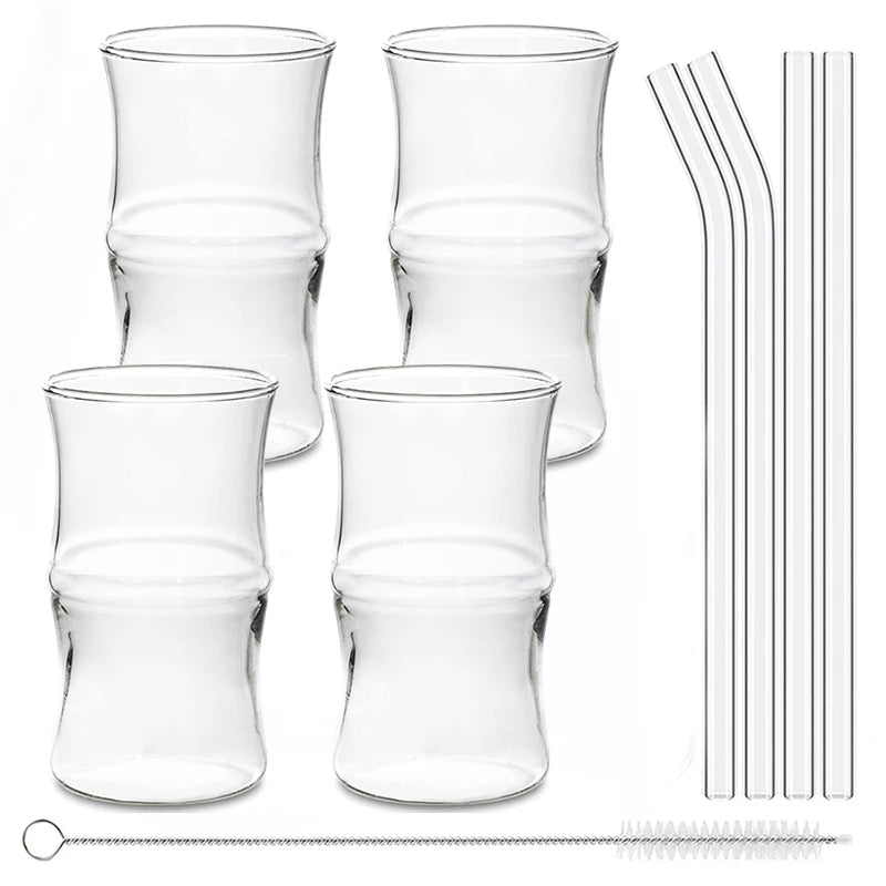 4 Pcs Creative Glass Cups Cute Ripple Shaped Vintage Drinking Glasses Ribbed Glassware with Straws Set for Kitchen Coffee Juice