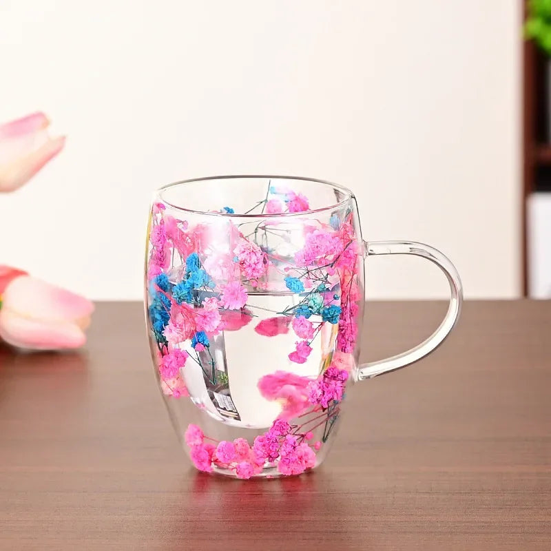1PCS 300ml Double Wall Glass Cup with Handle Dried Flower Decorated Ins StyleDurable Coffee Milk Mug Heat Resistant Tea Cups