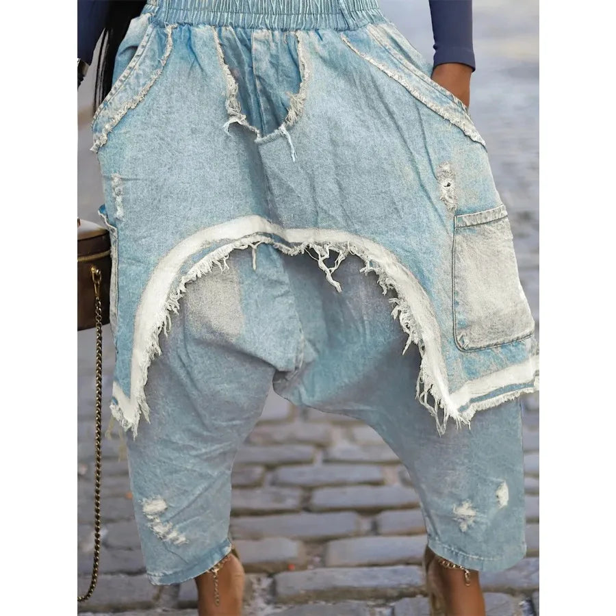 Women Jeans Harem Pants Hip Hop Punk Denim Pant Hole Elastic Waist Washed Distressed Pockets Streetwear 2025 Ripped Trousers