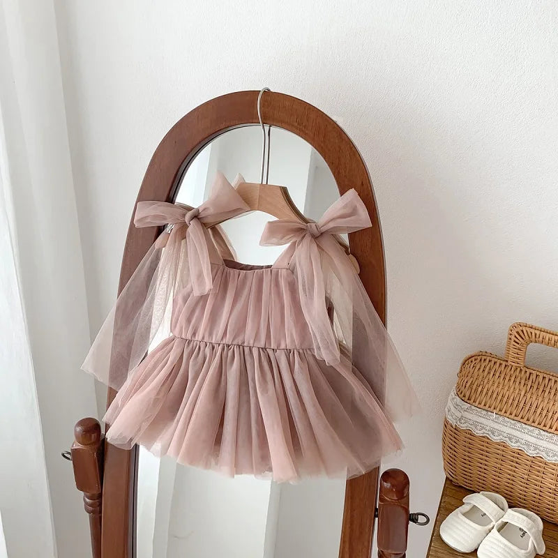 2025 Summer Baby Clothes 100 Day Baptism Birthday Party Sleeveless jumpsuit Mesh Bow Romper Girl Princess Dress