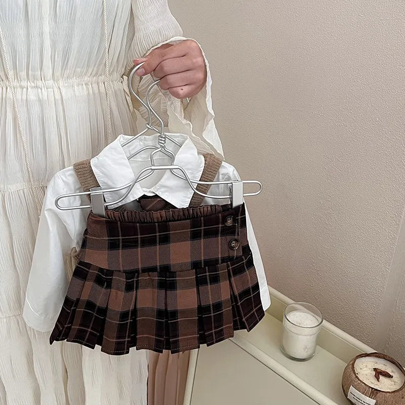 Girls Autumn College Style JK Suit New Children Fashion Style Shirt Knitted Vest Pleated Skirt Three-piece Set Solid Sets