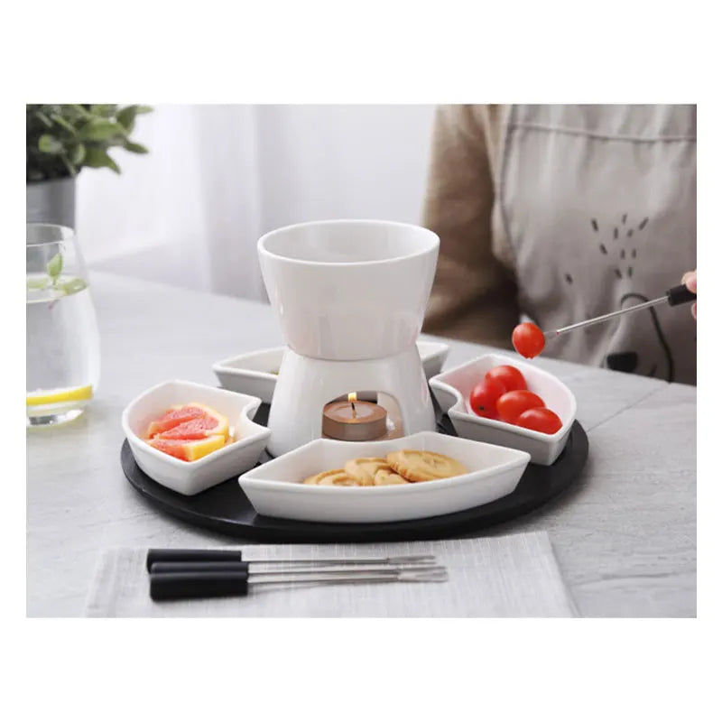 White Ceramic Chocolate Fondue Pot with 4 Dishes Forks Porcelain Diy Fondue Serving Set for Cheese, Chocolate, Icecream