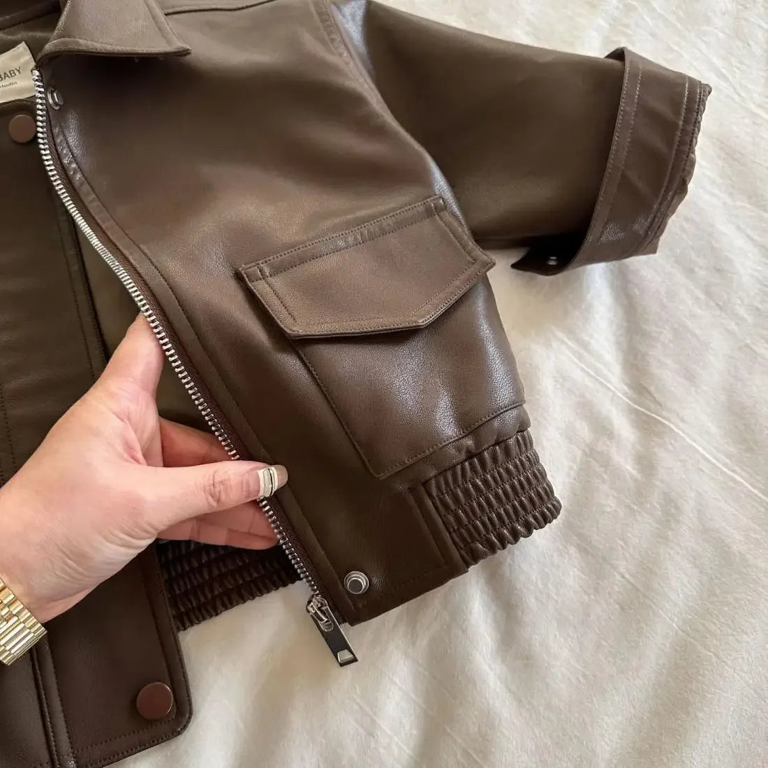 2-10Y Baby Boys Girls Zipper Jackets Brown PU Leather Lapel Collar Coats Korean Style Autumn Single Breasted Toddler Cardigans