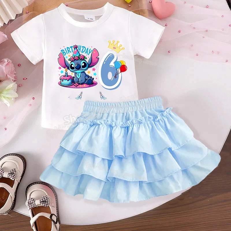 Disney Stitch Birthday T-shirt Dress Set for Children Customized Name Tee Top Girls Clothes Skirts 2pcs Suit Short Sleeve Gift