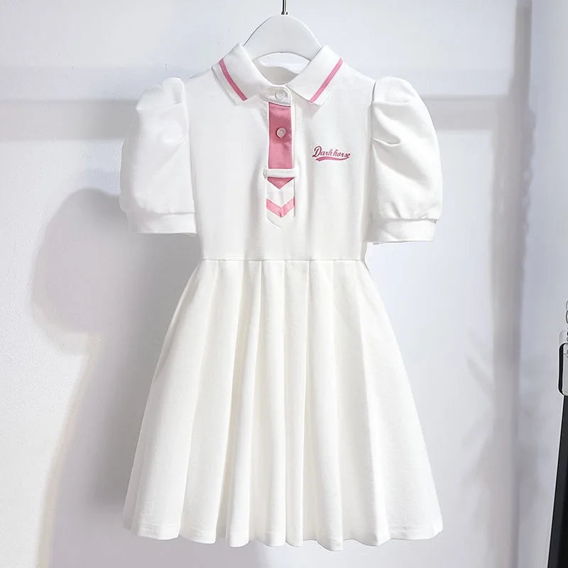 1pcs Summer Children's Dress Girl's Korean Edition Bubble Sleeves Flip Collar Dress Kids Princess Dress Baby Sweet Pleated Skirt