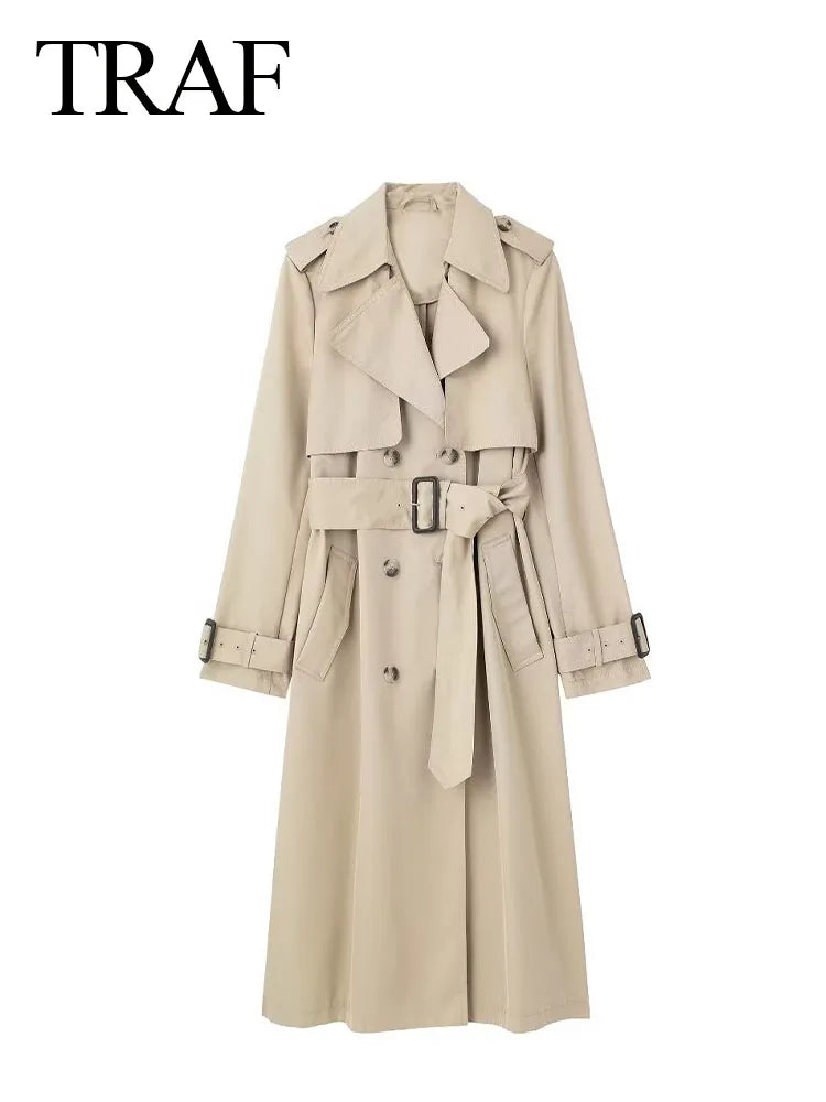 TRAFZA Women's Fashion Autumn Slim Trench Coats, Solid Color, Turn-Down Collar, Long Sleeves, Belt Decoration, Double Breasted.