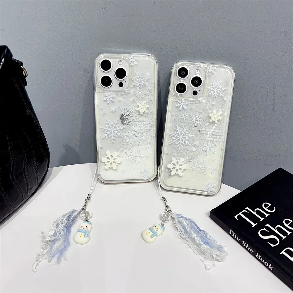 3D Snowman Snowflake Bracelet Quicksand ins Fashion Case for IPhone 16 11 12 13 14 15 Pro Max Plus with Wrist Strap Cover