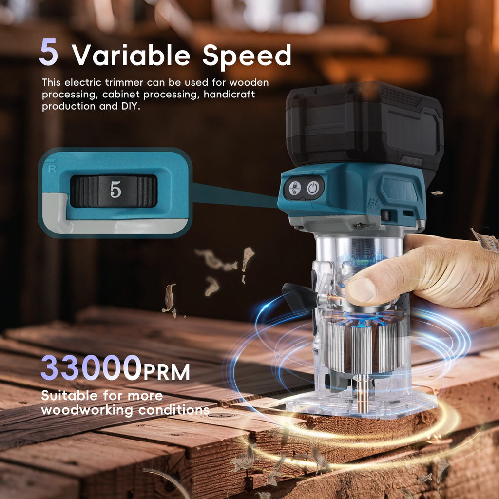 Hikity 5 Speeds 33000RPM Brushless Electric Hand Trimmer Cordless Wood Router Woodworking Engraving Slotting Without Battery