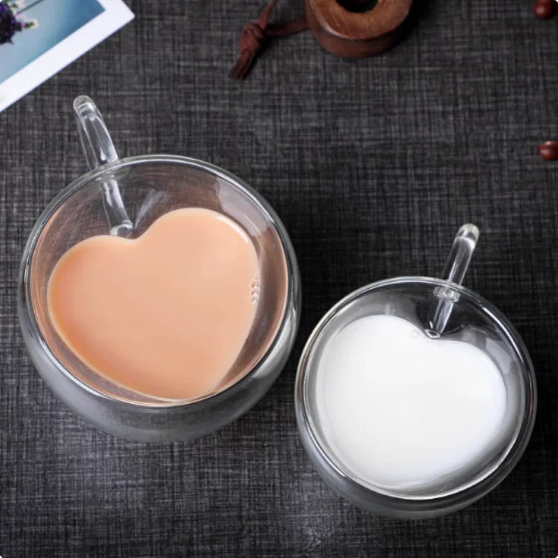 240ml High Borosilicate Valentine's Day Couple Glass Cup with Insulation and Heat Resistance Heart-shaped Double-layer Glass Cup