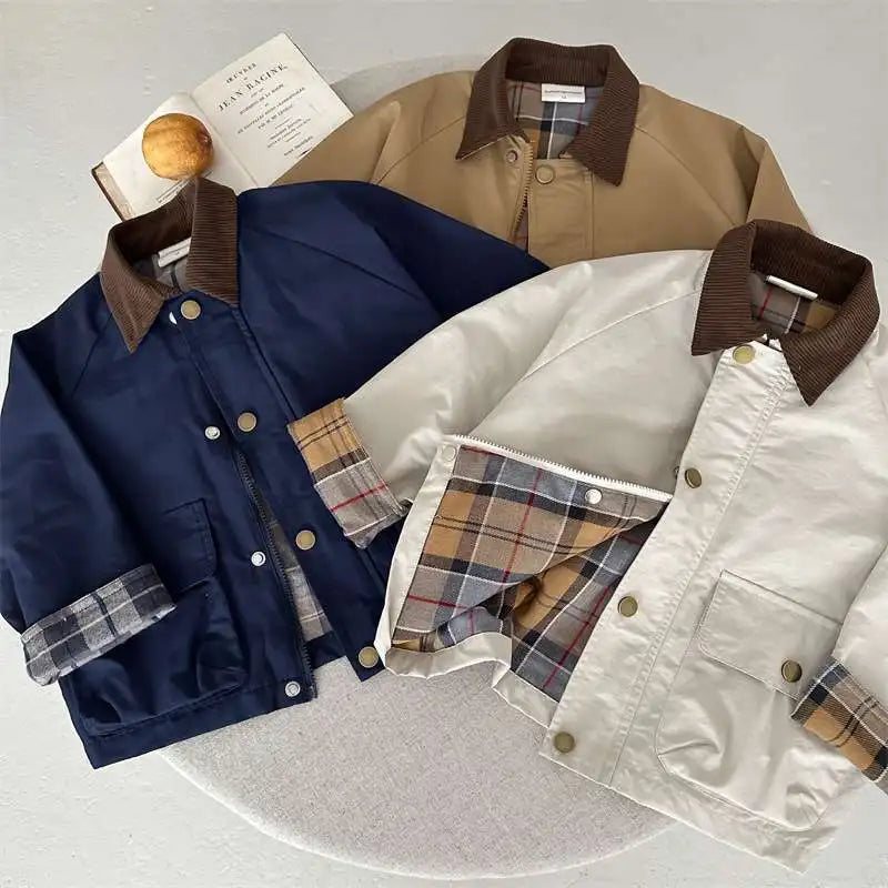 2025 UNITIM Spring Autumn Kids Boys Jacket Plaid Spliced ​​Pocket Long Sleeve Toddler Boys Outerwears Coat Children Boys Jacket