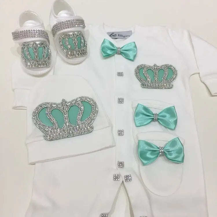 4pcs Take me Home Romper Set Baby Blanket Hat Gloves Shoes Set 39 week Pregnant Woman Photographyh Royal Crown Jewelry Suit