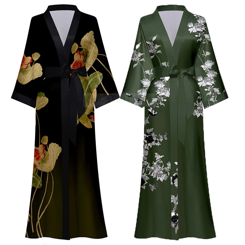 New Spring Summer Female Long Robe Nightgown Sexy Print Flower Kimono Bathrobe Gown Casual Silk Satin Home Dress Lounge Wear