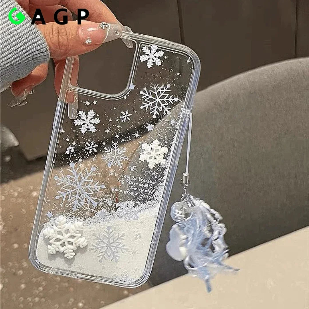 3D Snowman Snowflake Bracelet Quicksand ins Fashion Case for IPhone 16 11 12 13 14 15 Pro Max Plus with Wrist Strap Cover