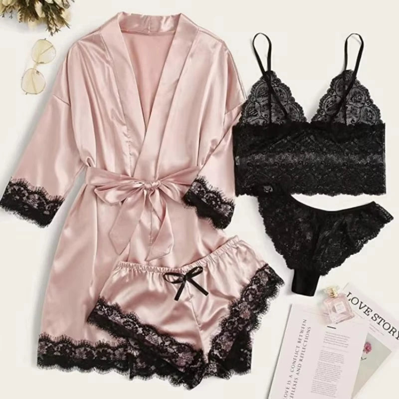 Women's Summer Sexy Pajama Pants Set 4 Pieces Lace Satin With Silk Sleepwear Robe Fashion And Comfortable Nightwear