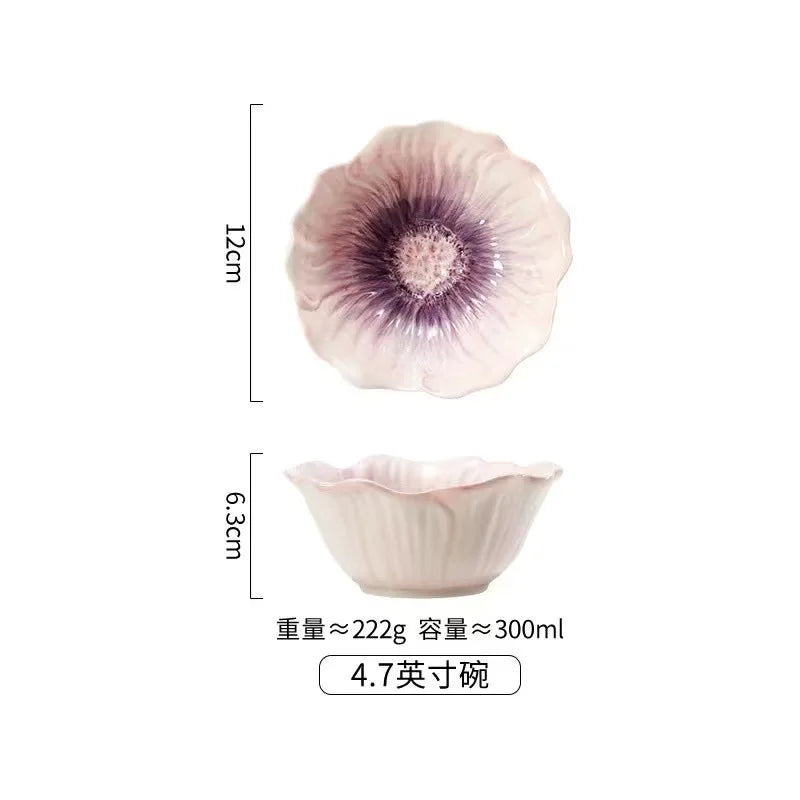Pink Ceramic Flower Plate Dining Plates Decorative Bowl Dessert Plate Soup Bowls Water Cup Serving Plates Fruit Bowl Snack Bowls