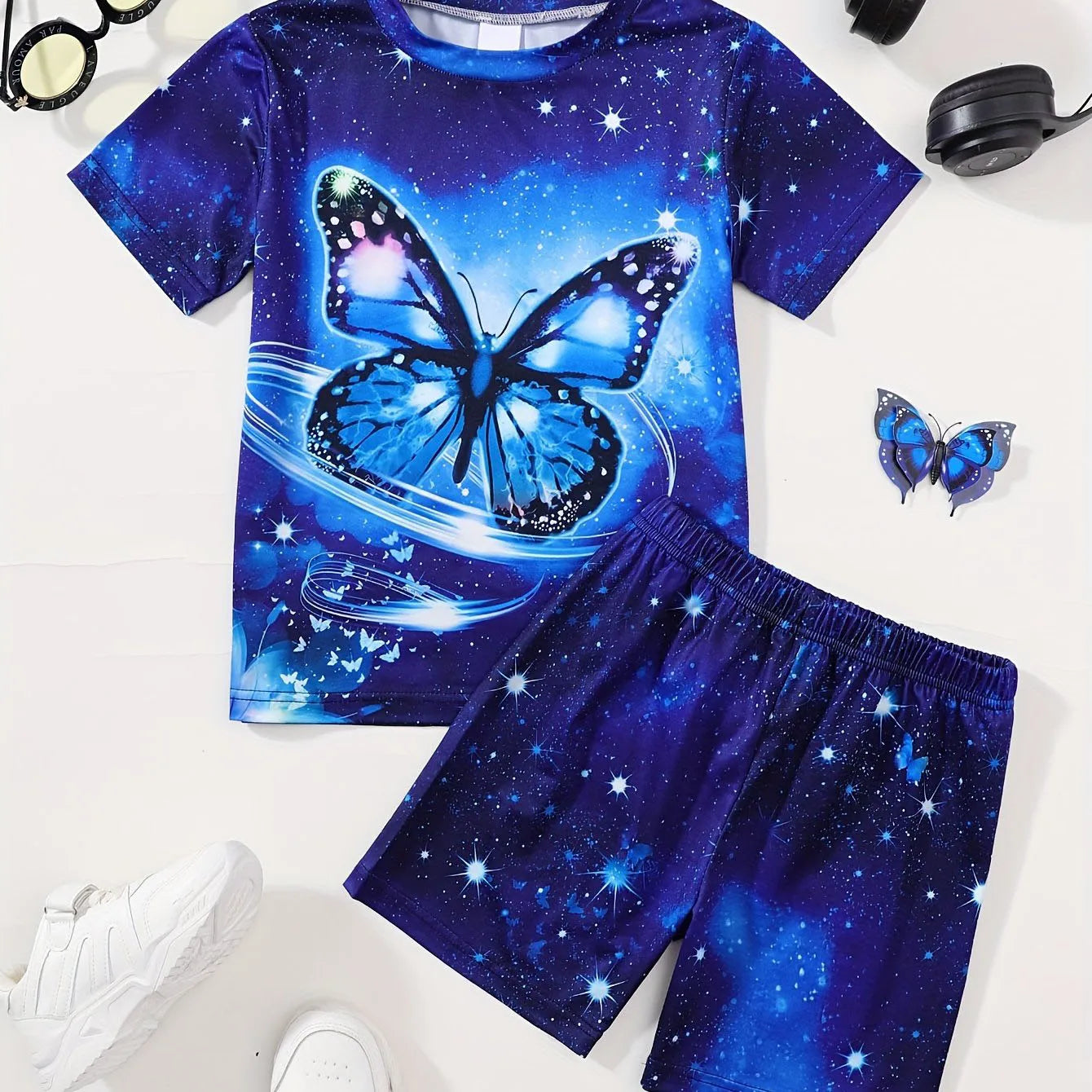 Children's Clothing Set for Girls Short Sleeve Girl Shorts 3D Butterfly Print Casual Girls Summer Clothes Pink Children's Sets