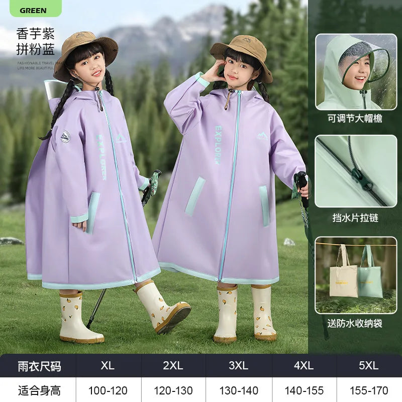 Children's Full Body Raincoat, Boys' and Girls' Primary School Students, Zipper Closure, PEVA, Anti-Heavy Rain, Schoolbag Space Raincoat