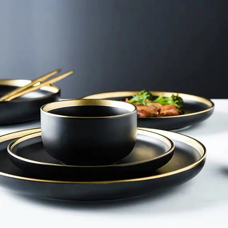 Porcelain Dinner Plates Dishes Plates and Bowls Set Black Tableware Set Food Plate Salad Soup Bowl Dinnerware Set for Restaurant
