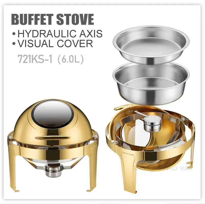 2 packs Hotel Buffet Thermal Food Warmer, Golden Food Warmer, Hotel Stainless Steel 6L Round Roll Top Chafing Dishes, electric.