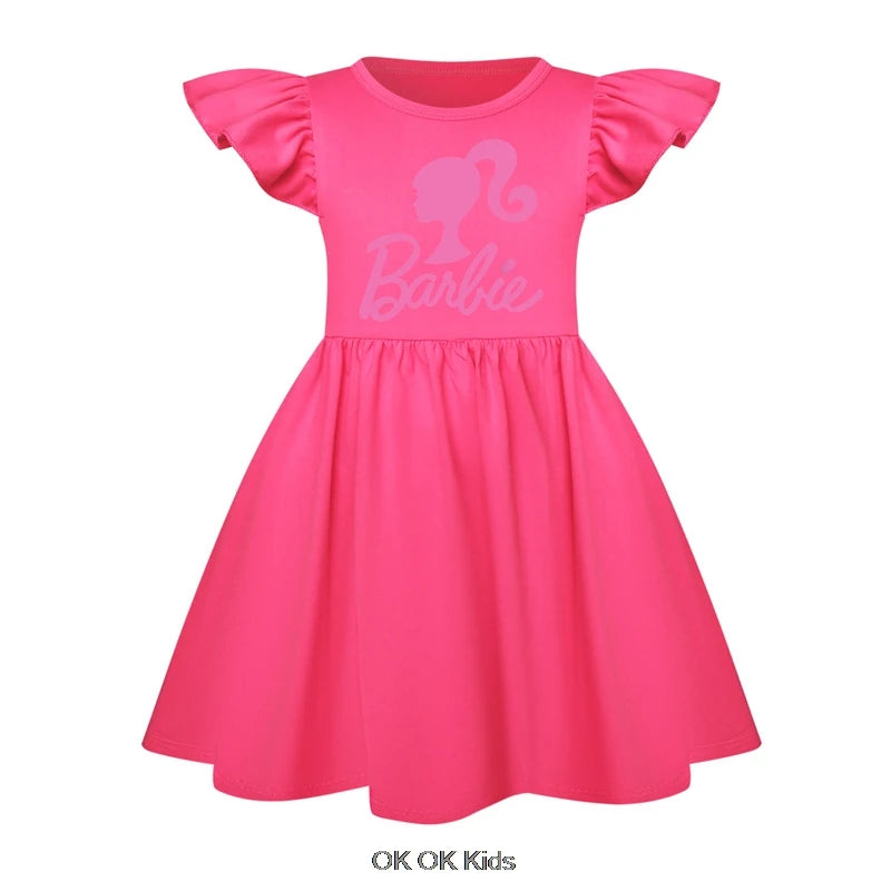 New Summer Dress Barbie the movie for Girls Kids Princess Tank Top Dress Girls Dresses Flying sleeve Childre Clothes +Bag 1-8T