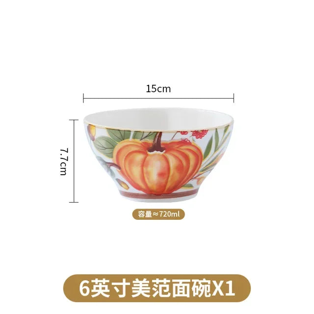 1PC Pumpkin Bowl Dish Tableware Household Ceramic Dishes Soup Double Ear Baking Plate Circular Bamboo Hat