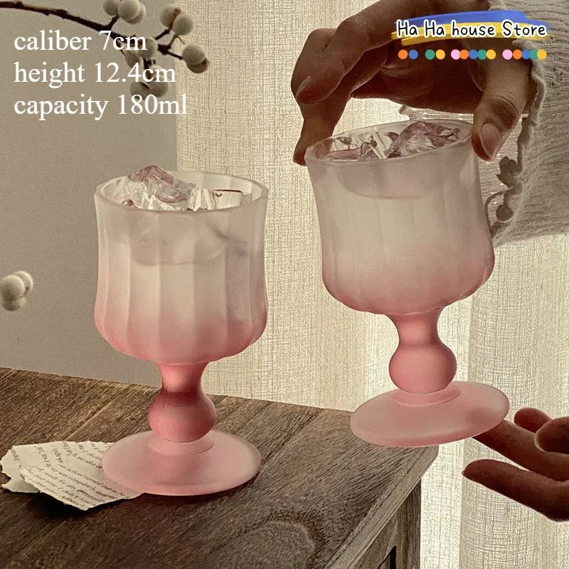 Matte Gradient Powder Pleated High Footed Glass Cup High Aesthetic Glass Red Wine Champagne Glass High-value Pink Goblet