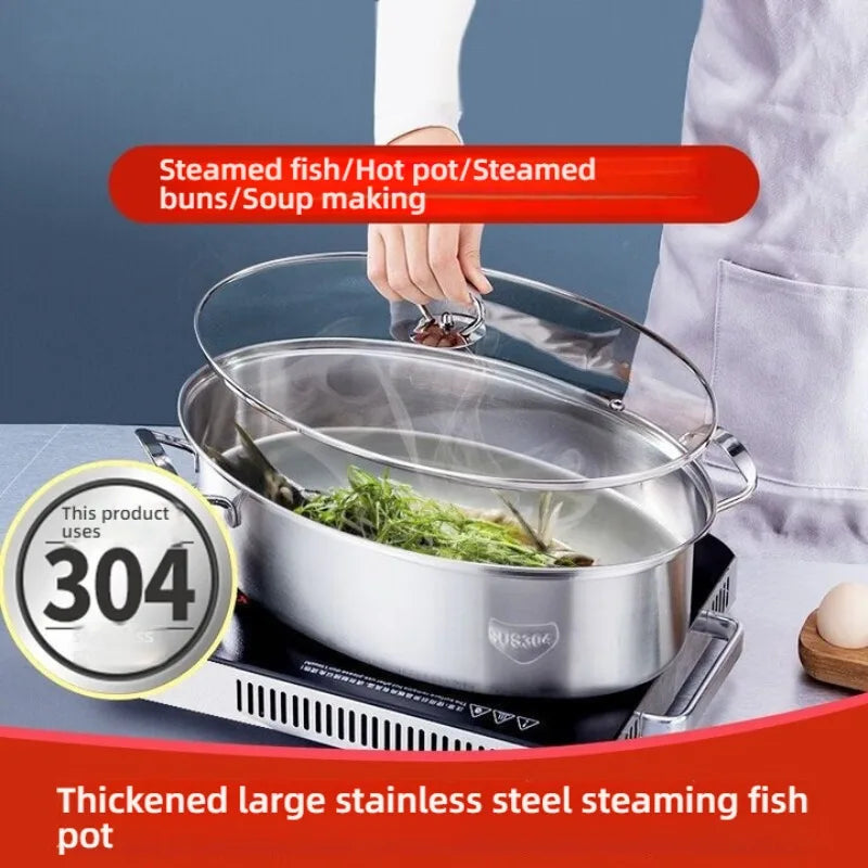 304 Stainless Steel Fish Steaming Pot Large capacity Seafood Pot Set Modern Design Pot for Kitchen Household Oval Steamer Tool