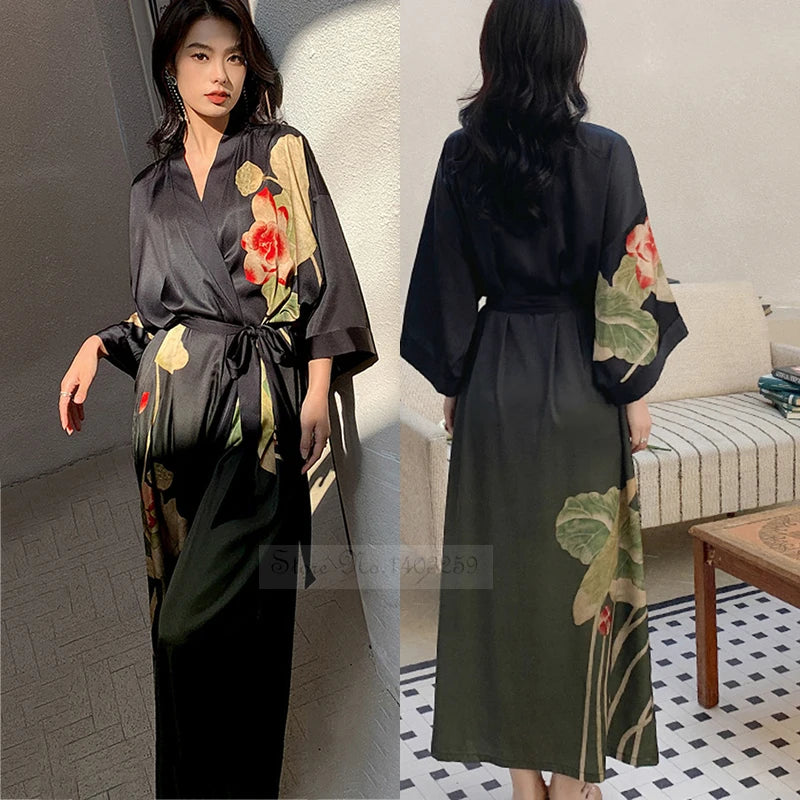 New Spring Summer Female Long Robe Nightgown Sexy Print Flower Kimono Bathrobe Gown Casual Silk Satin Home Dress Lounge Wear