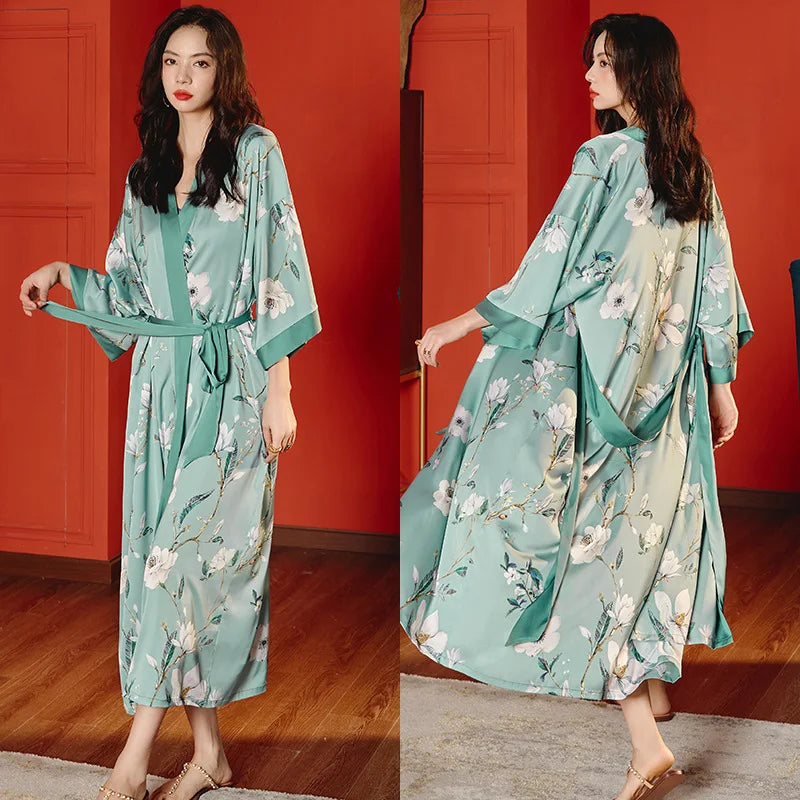 New Spring Summer Female Long Robe Nightgown Sexy Print Flower Kimono Bathrobe Gown Casual Silk Satin Home Dress Lounge Wear