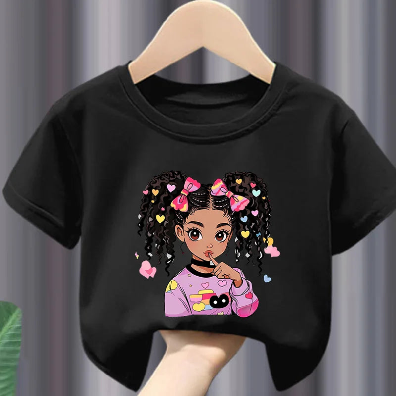Colorful Cute BLACK GIRL Print Girls Soft and Stretchy Round Neck Short Sleeve T-shirt Kids Clothes Clothes Girls Clothes Bs