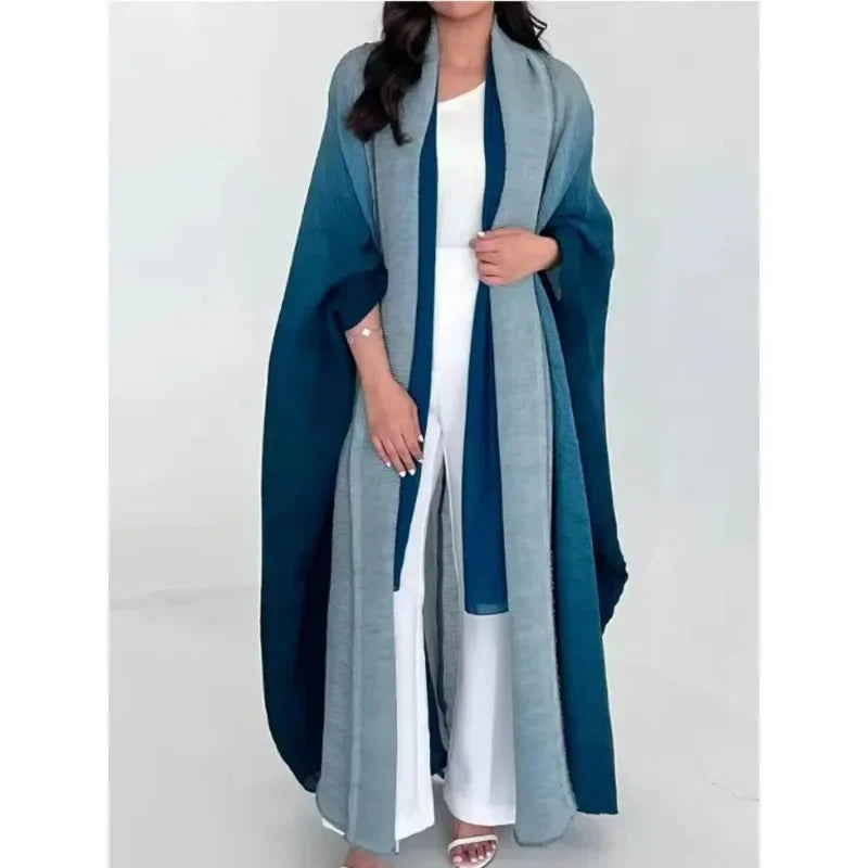 Women's Wrinkled Windbreaker Jacket with Bat Sleeve and Scarf Collar, Gradient Long Robe, Fashionable Retro Coats and Jackets.