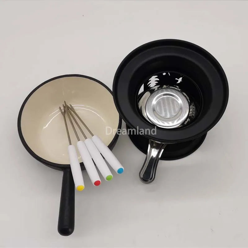 14cm Mini Enameled Cast Iron Fondue Cheese Hotpot with Alcohol Stove