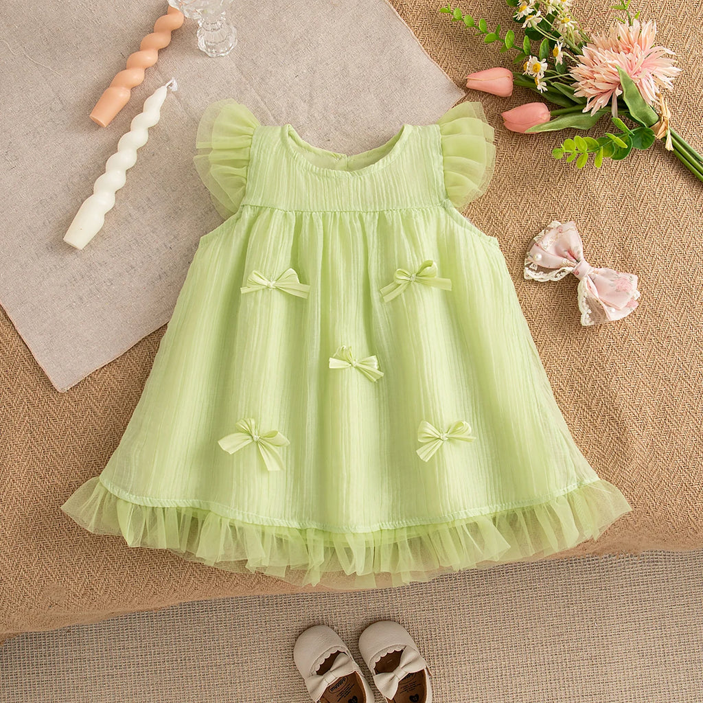 Birthday Dress Baby Girl Summer Solid Color Bow Flying Sleeve Gauze Dress Toddler Girl Pink Princess Dress