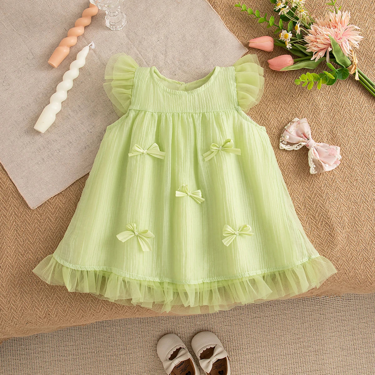 Birthday Dress Baby Girl Summer Solid Color Bow Flying Sleeve Gauze Dress Toddler Girl Pink Princess Dress