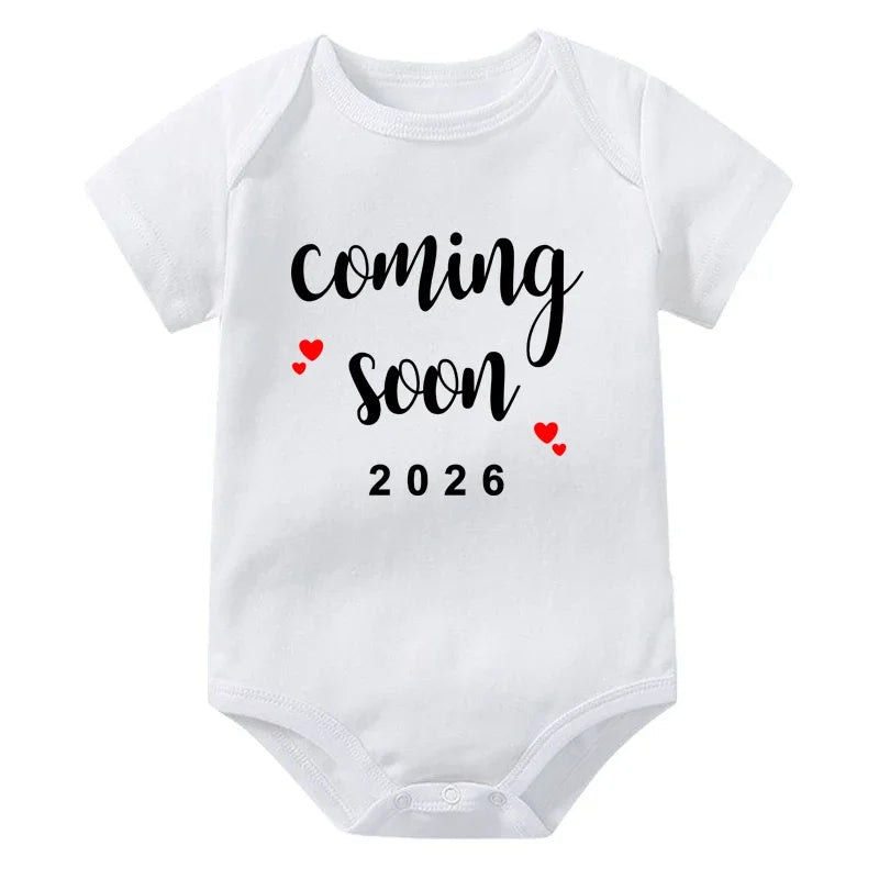 Coming Soon 2026 Baby Announcement Clothes Cotton Newborn Baby Bodysuits Summer Boys Girls Romper Body Pregnancy Reveal Clothes
