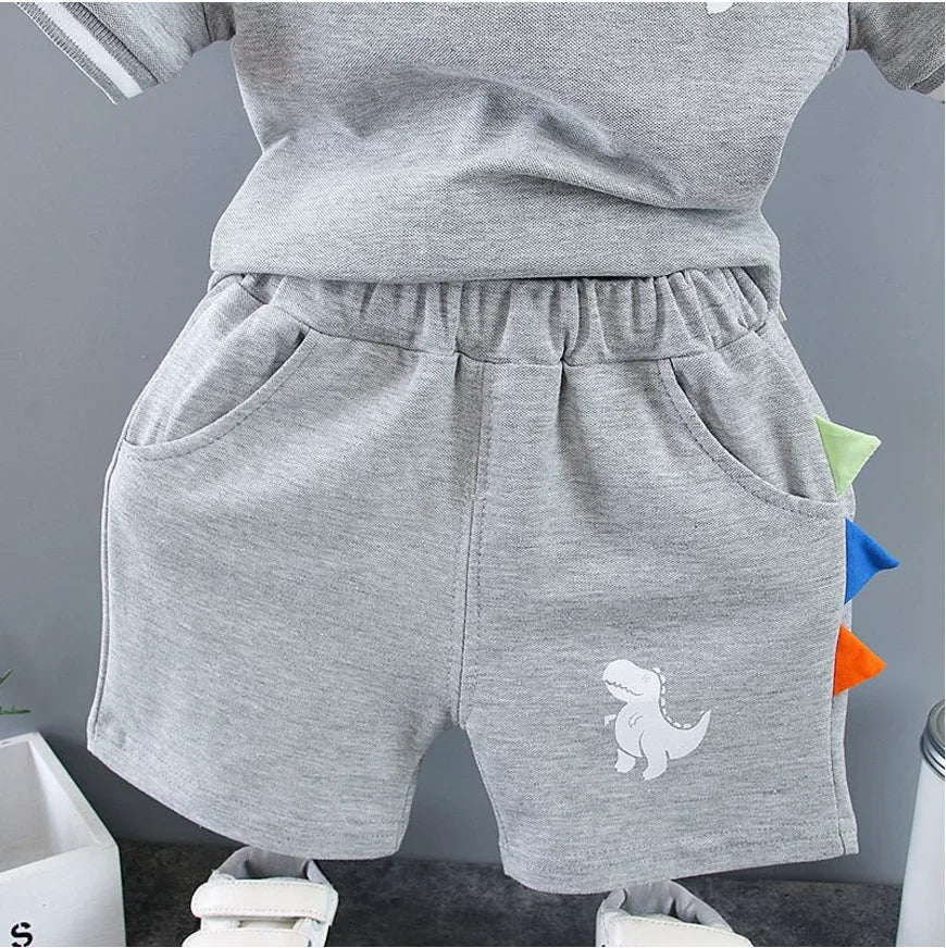 Infant Baby Boy Sets Summer Clothing Casual Sport Suit POLO Shirt + Shorts 2Pcs Set Boys Kids Gray Dinosaur Print Tracksuit
