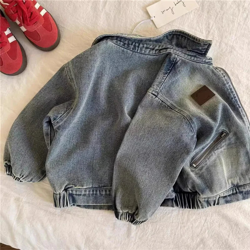 Children Denim Jackets Autumn Fashion Boys Turn Down Collar Zipper Loose Coats Spring Kids Retro Short Outerwear 2-8 Years