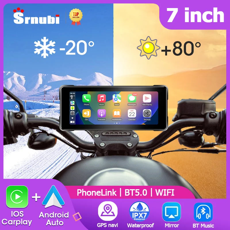 Srnubi 7 Inch Motorcycle Portable Navigation GPS Wireless Carplay Android Auto IP67 Waterproof Motorcycle Touch Screen Display