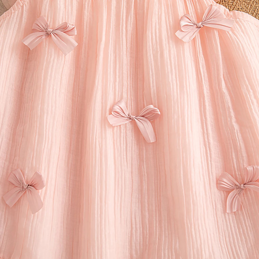 Birthday Dress Baby Girl Summer Solid Color Bow Flying Sleeve Gauze Dress Toddler Girl Pink Princess Dress