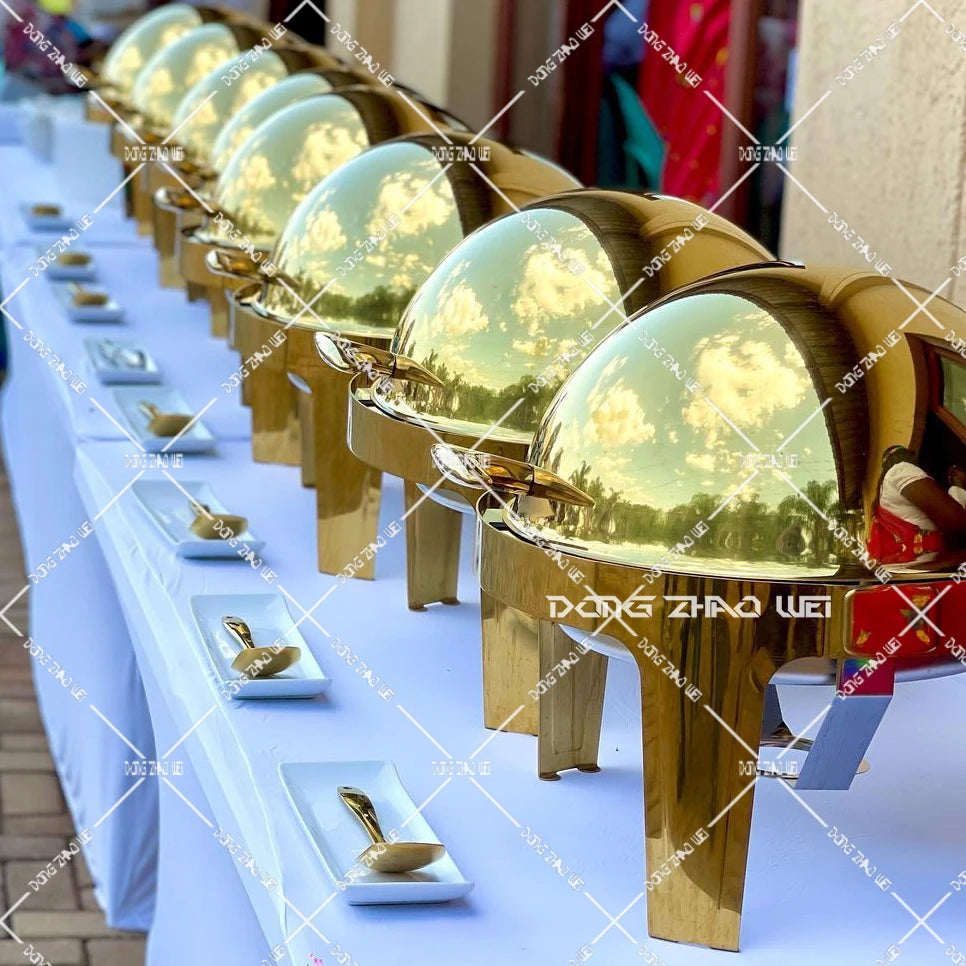 Roll Top Design Restaurant Hotel Chafing Dish Buffet Gold Display Equipment Food Warmer Catering Chefing Dish Set