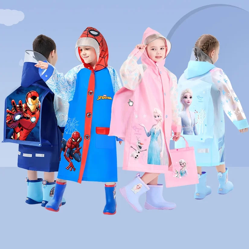 Disney Kids Raincoat Waterproof Children Elsa Spider-Man Rain Poncho Rain Coat Jacket with Backpack Student Rainwear