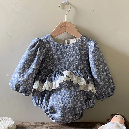 2024 New Spring 0-24M Children Clothes Korean Style Climbing Suit Long Sleeved Cotton Lace Splicing Toddler Baby Girl Romper