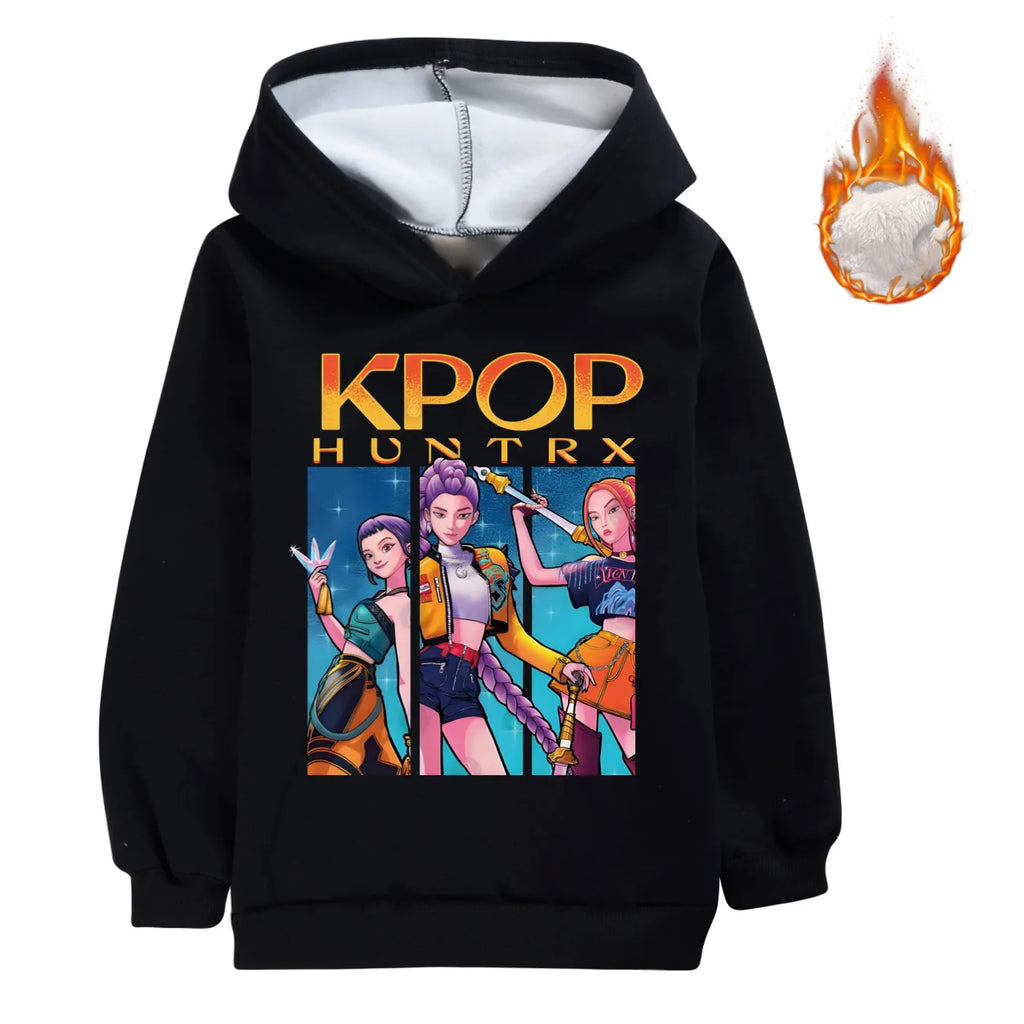 KPop Demon Hunters Huntrix Clothes Kids Hoodies Baby Girls Winter Warm Zipper Jacket Boys Thicken Fleece Coats Children's Parkas